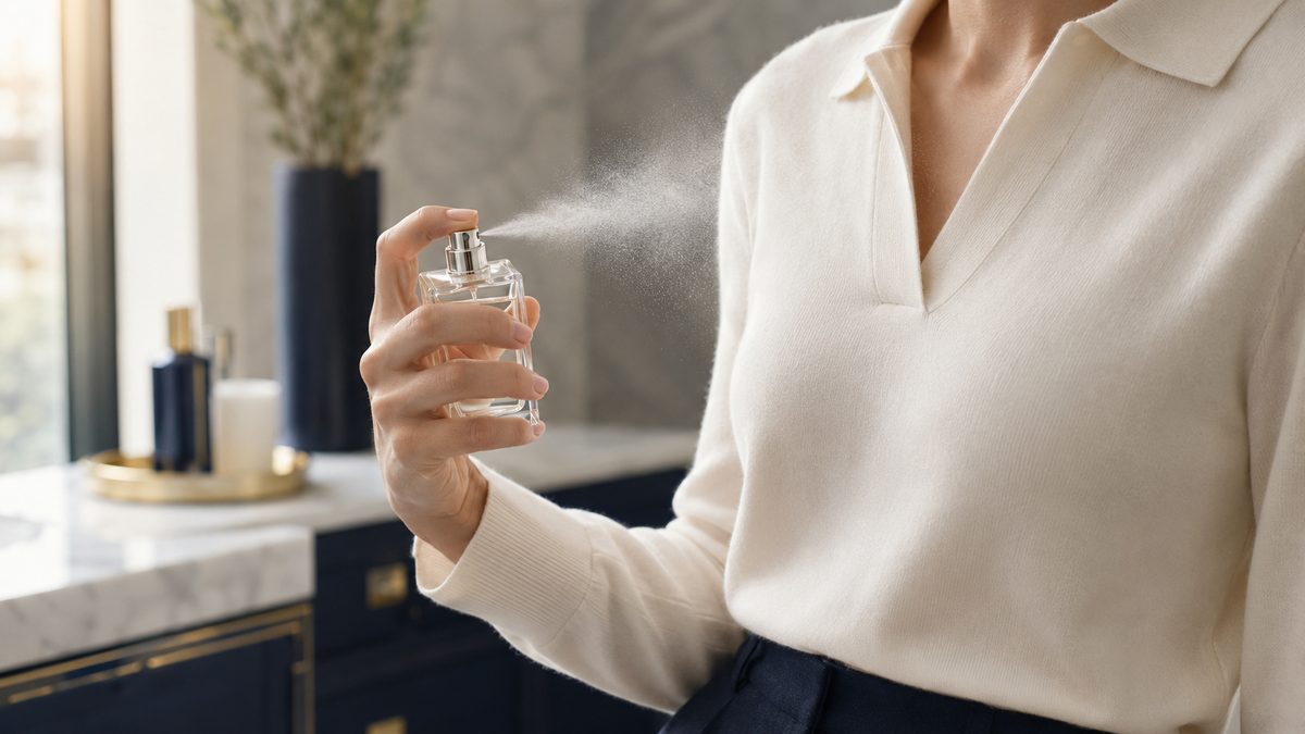 Adult applying one controlled spray of perfume to clothing in a bright dressing area