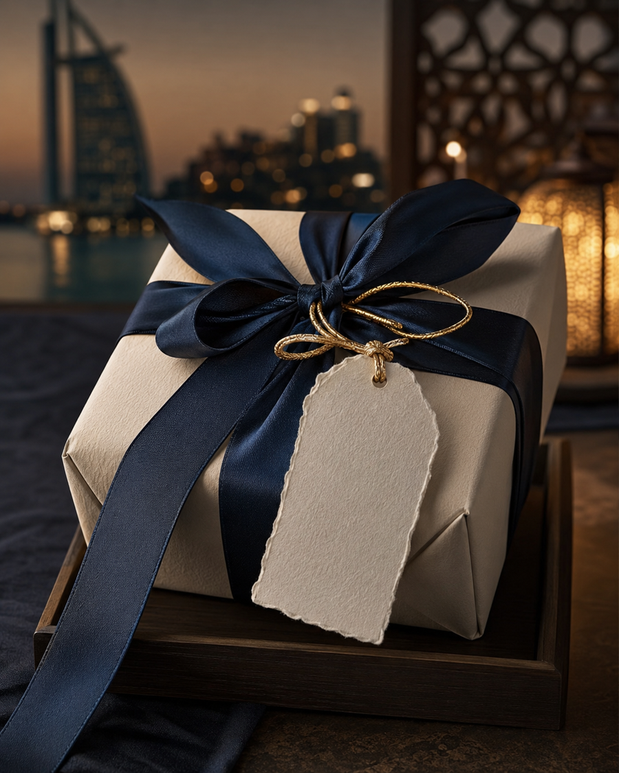 Ivory gift wrap, navy silk ribbon and a blank card styled for a luxury perfume gift guide