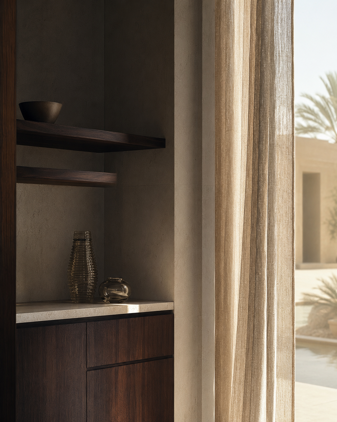 Cool shaded cabinet with dark wood and soft linen illustrating proper perfume storage in a warm climate