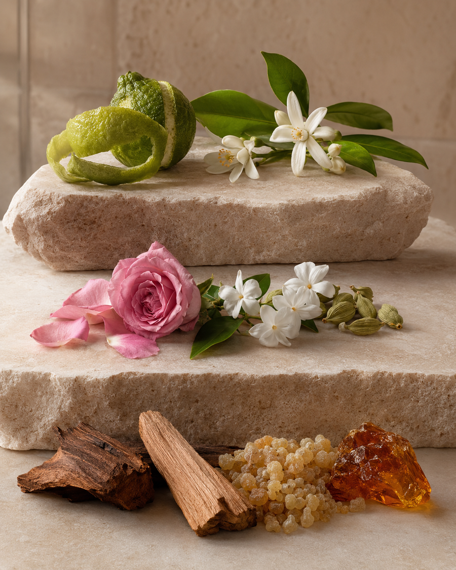 Bergamot, rose, spice, amber resin and woods arranged in three levels to represent perfume notes