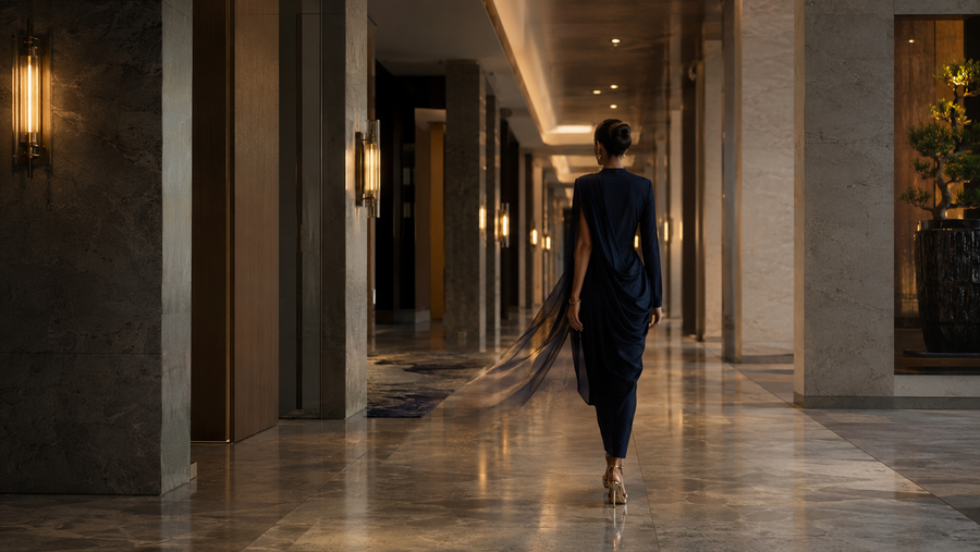 Woman walking through a hotel corridor with a flowing fabric trail illustrating perfume sillage