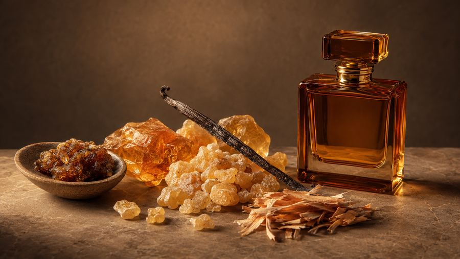 Labdanum-like resin, benzoin crystals, vanilla and amber perfume arranged to explain an amber accord