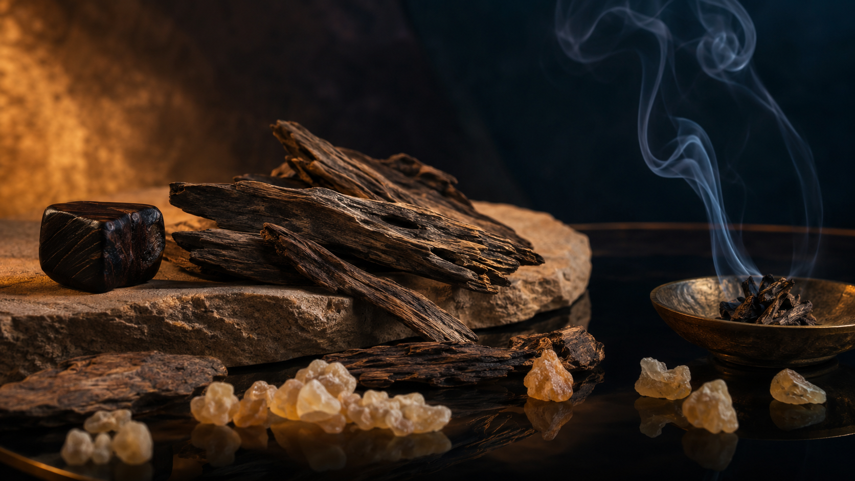 Agarwood chips, resin and incense smoke arranged in a dark amber still life