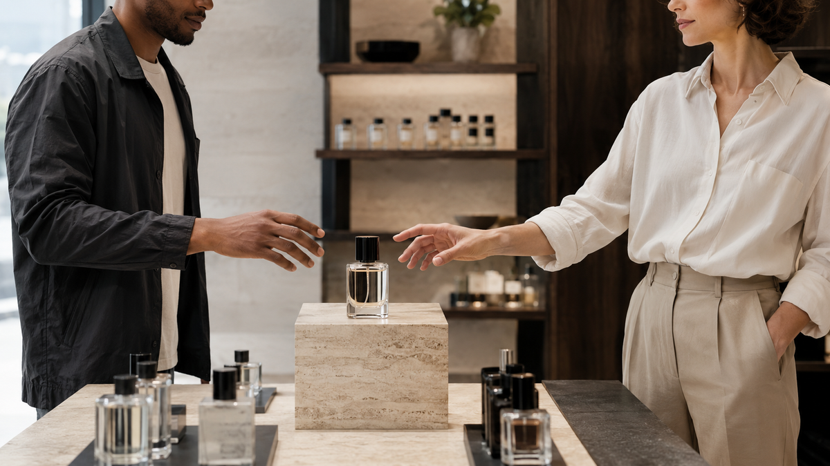 Two adults reaching for the same unbranded perfume bottle at a modern fragrance counter