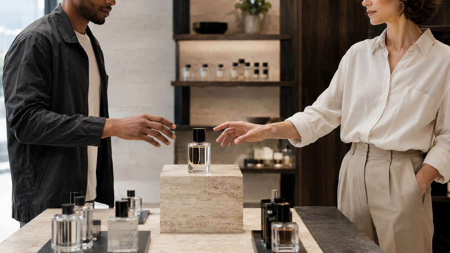 Two adults reaching for the same unbranded perfume bottle at a modern fragrance counter