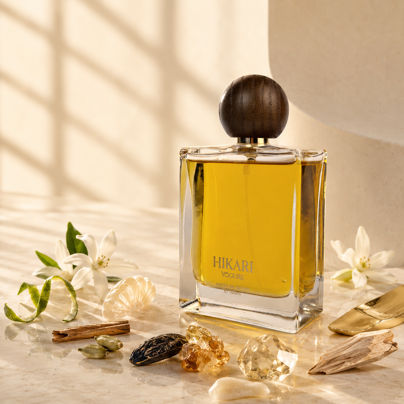 Hikari Eau de Parfum bottle – orange blossom vanilla praline – luxury gourmand perfume UAE –Dubai - YOGURE

